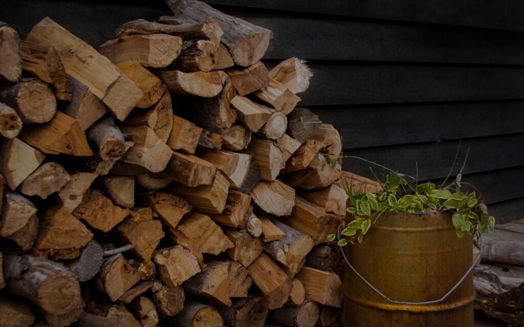 stacked oak firewood next to pot with greenery